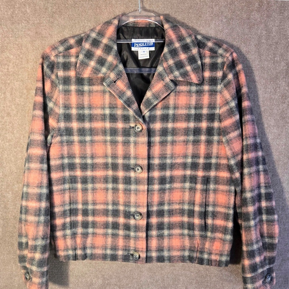Pendleton Womens 4 Petite Pink Grey Plaid 100% Wool Button Front Jacket USA Made